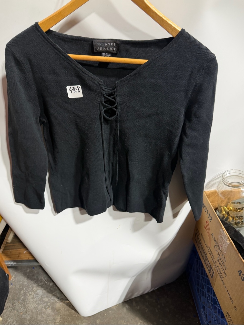 #4408-Spenser Jeremy Black Lace-Up V-Neck Long Sleeve Top